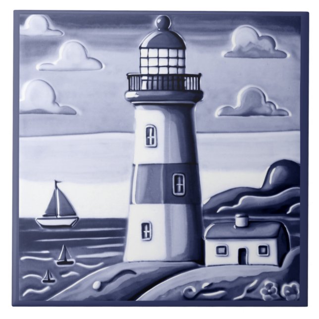 Seaside Lighthouse by the Sea Blue and White Ceramic Tile (Front)