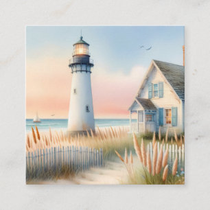 Seaside Lighthouse & Cottage Watercolor Scene Calling Card