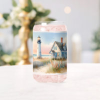 Seaside Lighthouse & Cottage Watercolor Scene