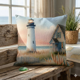 Seaside Lighthouse & Cottage Watercolor Scene Cushion