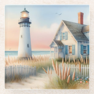 Seaside Lighthouse & Cottage Watercolor Scene Glass Coaster