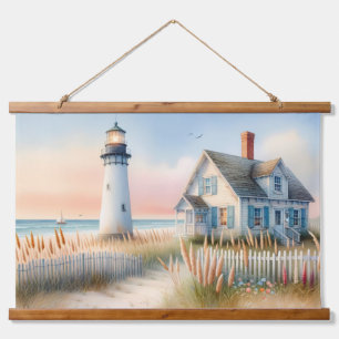 Seaside Lighthouse & Cottage Watercolor Scene Hanging Tapestry