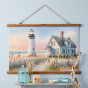 Seaside Lighthouse & Cottage Watercolor Scene Hanging Tapestry