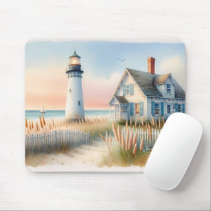 Seaside Lighthouse & Cottage Watercolor Scene Mouse Pad