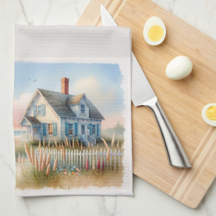 Seaside Lighthouse & Cottage Watercolor Scene Tea Towel