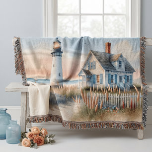 Seaside Lighthouse & Cottage Watercolor Scene Throw Blanket