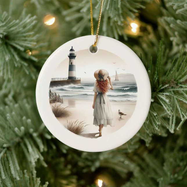 Seaside Lighthouse Stroll  Ceramic Ornament (Tree)