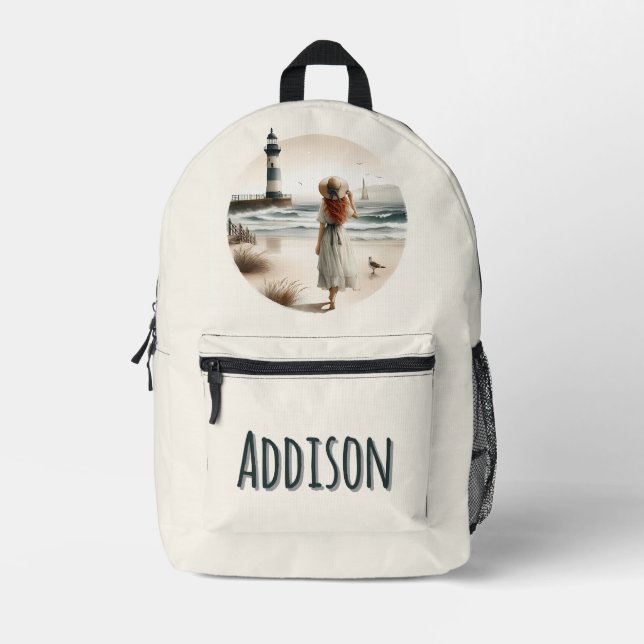 Seaside Lighthouse Stroll Printed Backpack (Front)