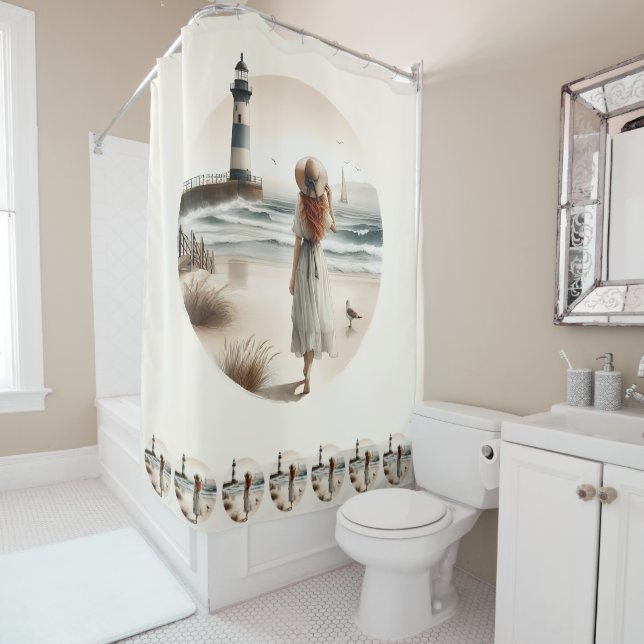 Seaside Lighthouse Stroll Shower Curtain (In Situ)