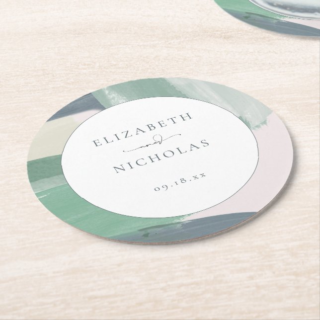 Seaside Ocean Glass | Monogram Wedding Round Paper Coaster (Angled)