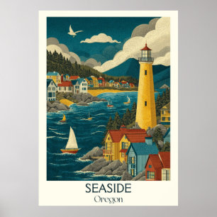 Seaside Oregon Vintage Beach Lighthouse Travel Art Poster