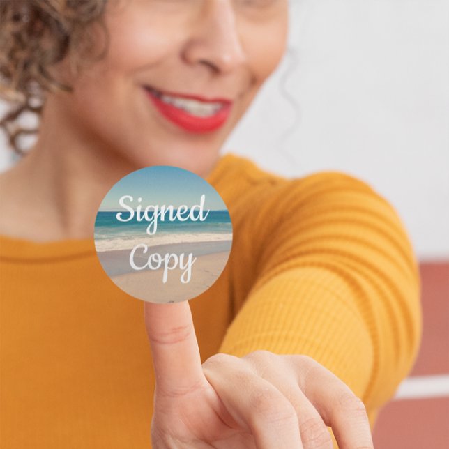 Seaside Photo Signed Copy Classic Round Sticker (Local authors can use their own photo to personalize these autographed copy stickers.)