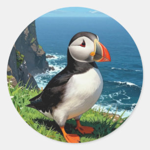 Seaside Puffin Illustration   Classic Round Sticker