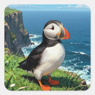 Seaside Puffin Illustration   Square Sticker
