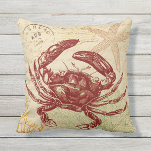 Seaside Red Crab Collage Outdoor Cushion