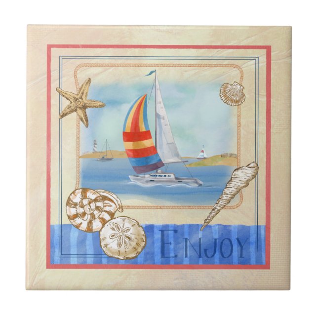 Seaside Sailboats Art Tile (Front)
