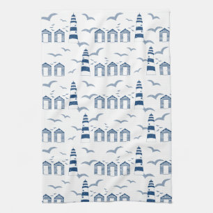 Seaside Scene Beach Huts and Lighthouses Tea Towel