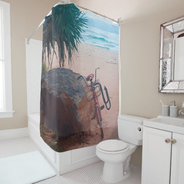 Seaside Scene Summer  Ocean Surfer Beach House Shower Curtain (In Situ)