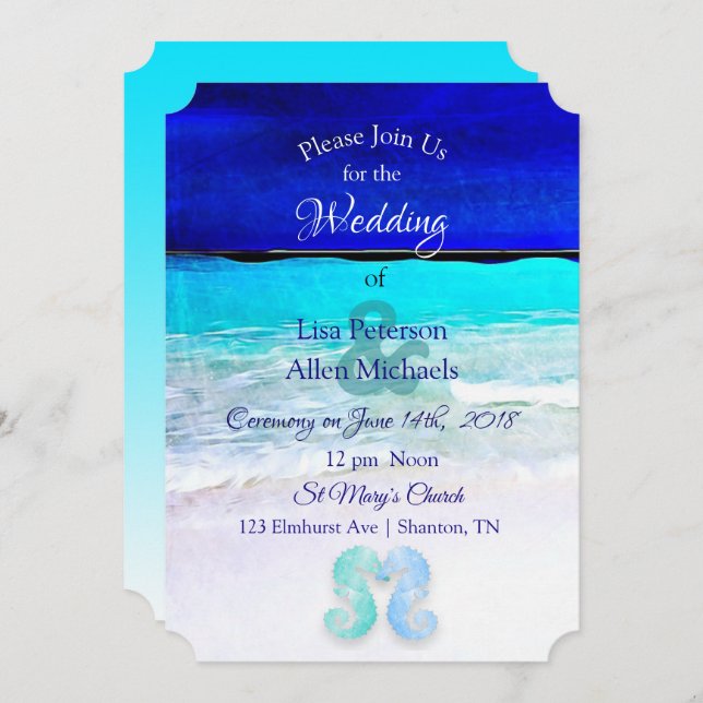 Seaside Seahorses Blue Beach Wedding invitations (Front/Back)