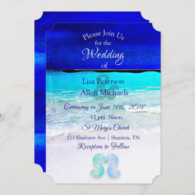 Seaside Seahorses Blue Beach Wedding invitations (Front/Back)