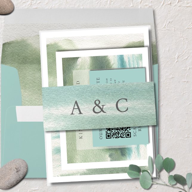 Seaside Serenity Blue Green Cream Invitation Belly Band (Creator Uploaded)