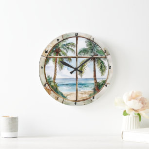 Seaside Serenity" - Nautical Window Tropical Beach Large Clock