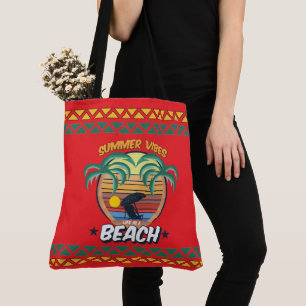 Seaside Serenity on Red Background Tote Bag