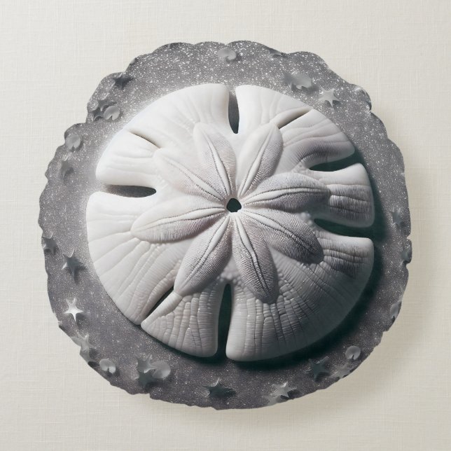 Seaside Serenity Sand Dollar White Silvery Round Cushion (Front)