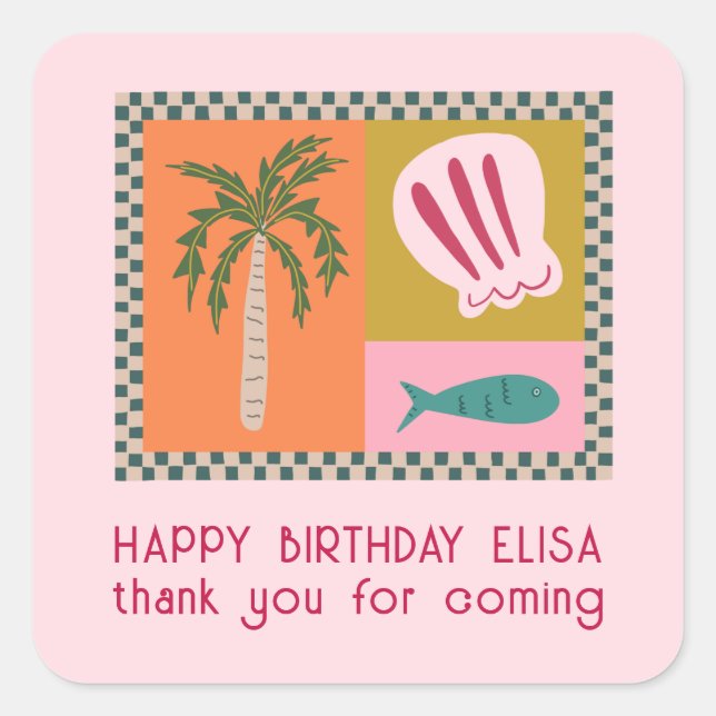 Seaside Soiree BIRTHDAY PARTY Modern Cute CUSTOM Square Sticker (Front)