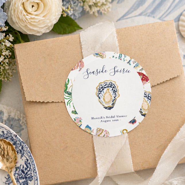 Seaside Soirée Coastal Bridal Shower Classic Round Sticker (Creator Uploaded)