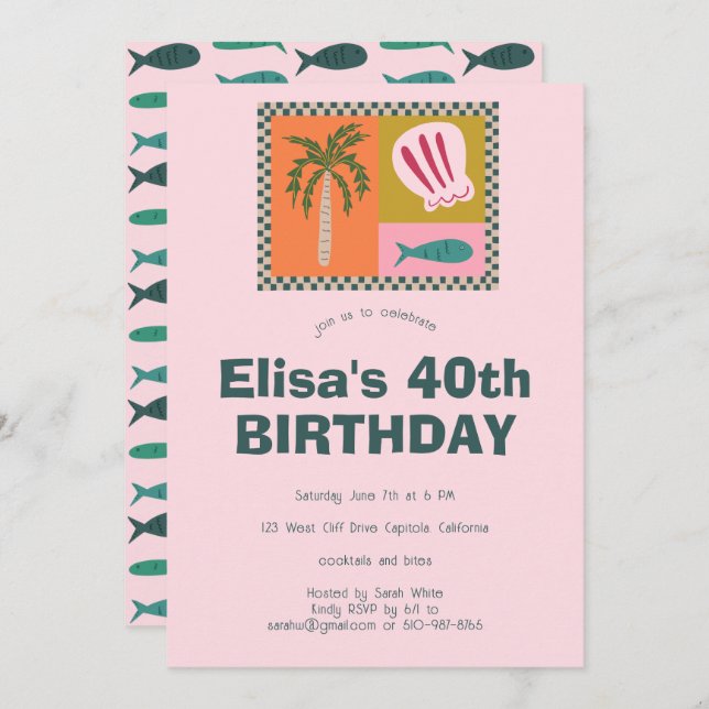 Seaside Soiree  Modern Cute CUSTOM Birthday Party Invitation (Front/Back)