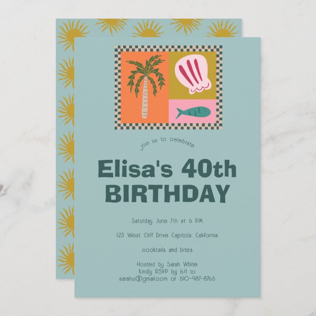 Seaside Soiree  Modern Cute CUSTOM Birthday Party Invitation (Front/Back)
