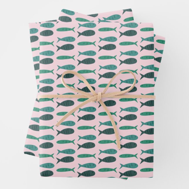Seaside Soiree Three Fishes Modern Cute CUSTOM Wrapping Paper Sheet (In situ)