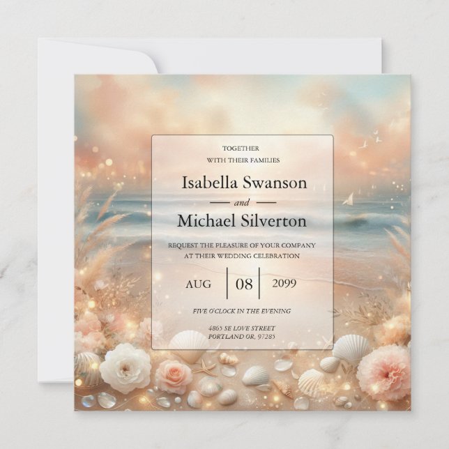 Seaside Sparkle and Sunset Dreams Wedding Invitation (Front)