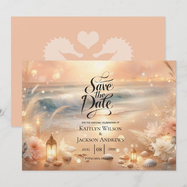 Seaside Sparkle and Sunset Dreams Wedding Save The Date (Front/Back)