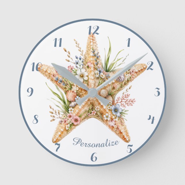 Seaside Starfish Floral Coastal Beach Bloom  Round Clock (Front)