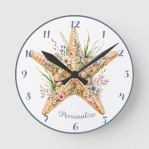 Seaside Starfish Floral Coastal Beach Bloom Round Clock