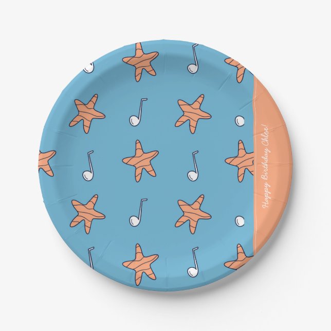 Seaside Stars and Music Notes Happy Birthday Paper Plate (Front)
