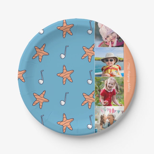 Seaside Stars and Music Notes Happy Birthday Photo Paper Plate (Front)