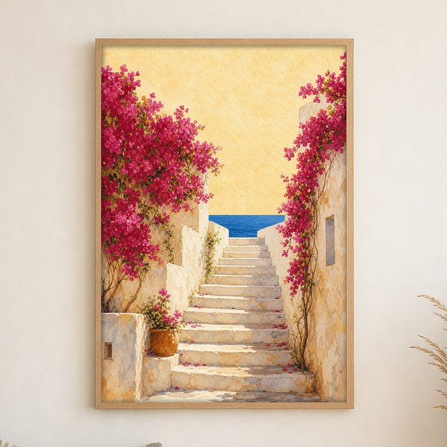Seaside Steps Bougainvillea Watercolour Poster (Shown framed for scale. Poster ships unframed; frames are an optional add-on.)
