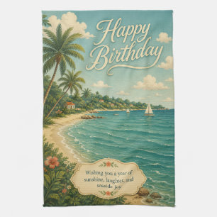 Seaside Sunshine Birthday Escape Tea Towel