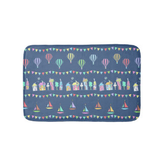 Seaside Town Sail Boats and Bunting Pattern Blue Bath Mat