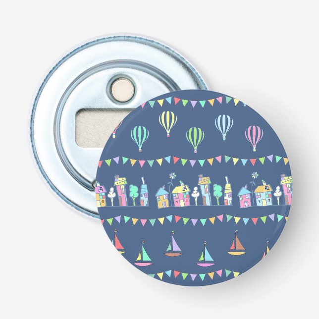 Seaside Town Sail Boats and Bunting Pattern Blue Bottle Opener (Front)