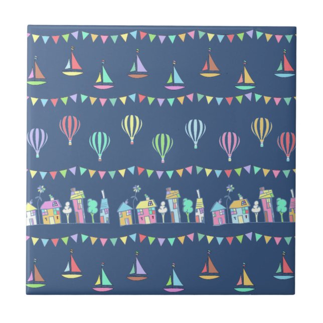 Seaside Town Sail Boats and Bunting Pattern Blue Ceramic Tile (Front)