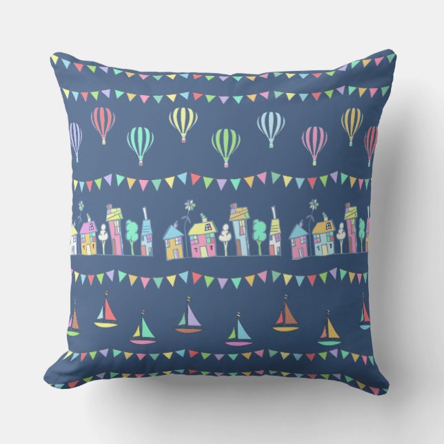 Seaside Town Sail Boats and Bunting Pattern Blue Cushion (Front)