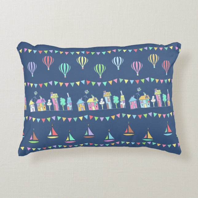 Seaside Town Sail Boats and Bunting Pattern Blue Decorative Cushion (Front)