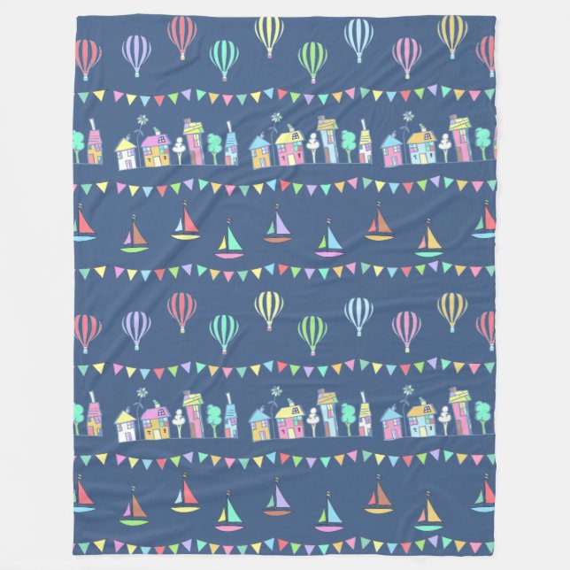 Seaside Town Sail Boats and Bunting Pattern Blue Fleece Blanket (Front)