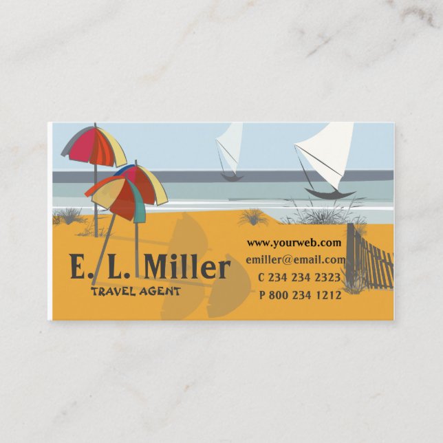 SEASIDE Travel  Umbrellas Sailboats Ocean Business Card (Front)