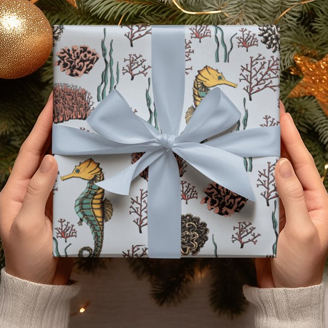 Seaside Treasures Seahorse & Coral Nautical  Wrapping Paper (Beautiful Hand-drawn Seahorse & Red Corals Pattern. Teal & Gold Seahorses. Light Blue Background.)