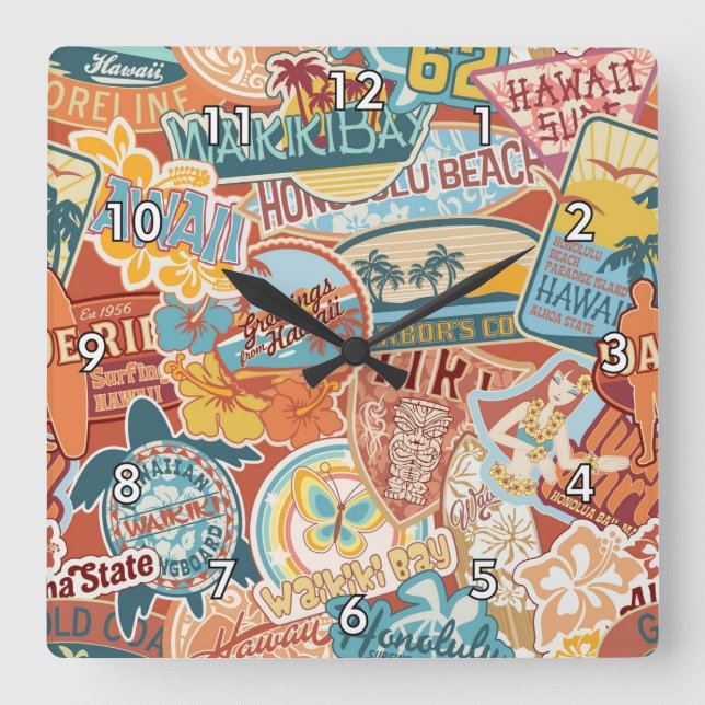 Seaside Vacation Waikiki Bay Hawaii Square Wall Clock (Front)